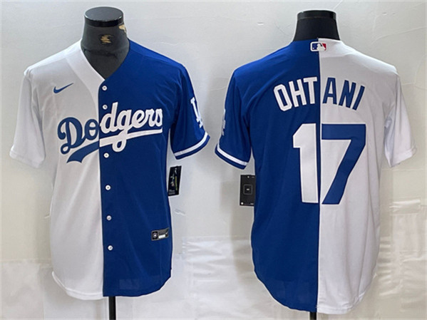 Los Angeles Dodgers #17 Shohei Ohtani White Blue Split Cool Base Stitched Jersey - Click Image to Close